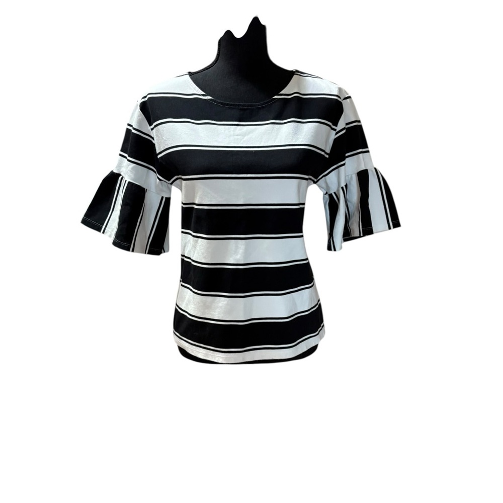 M&S black & white striped top featuring short, flared sleeves and a relaxed fit.